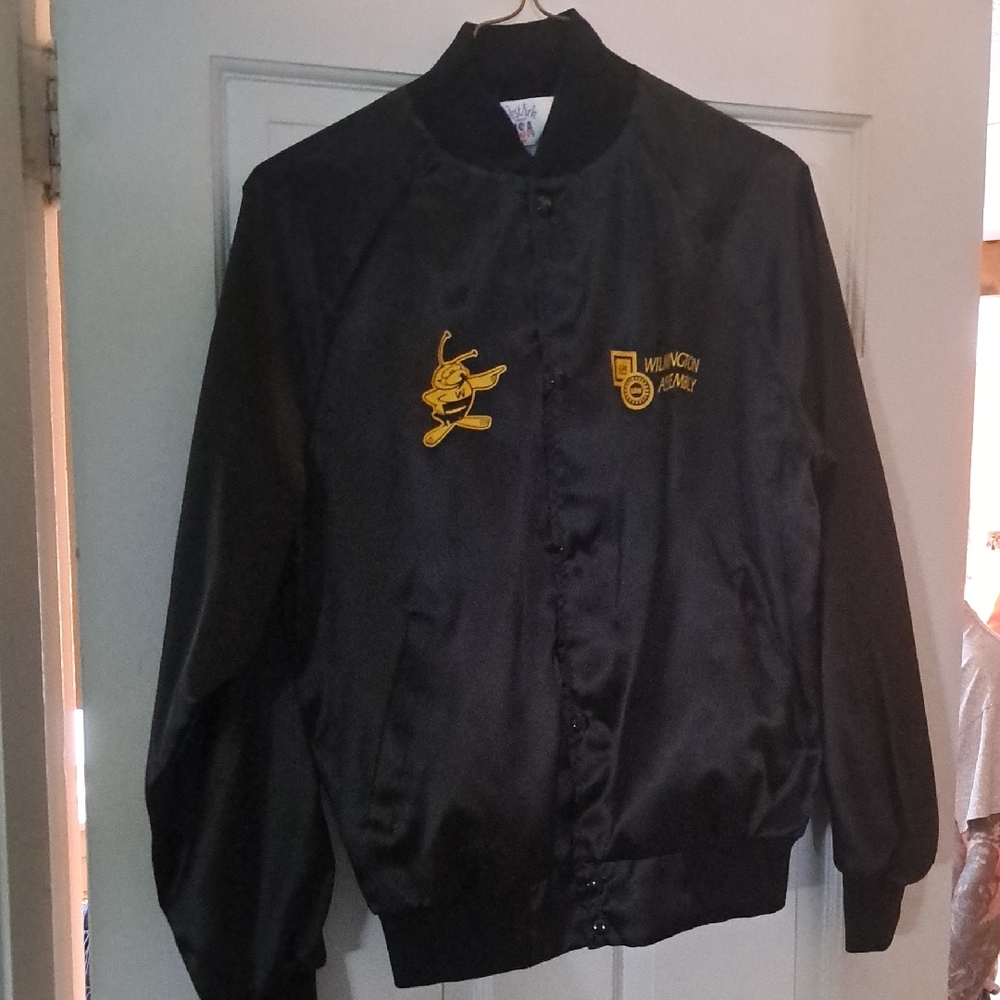 Black Bomber Jacket with Yellow Bee, Ladies From Wilmington Delaware Gm Plant